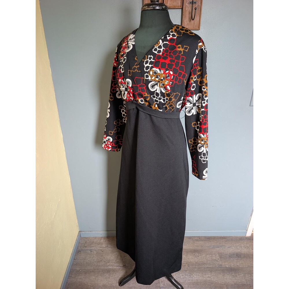 70s Abstract Maxi Dress; Vintage Polyester Long Dress